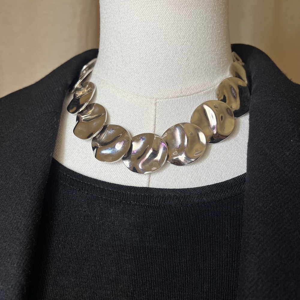 Vintage Sculptural Silver Disc Necklace Modernist Statement Collar 17" Bold